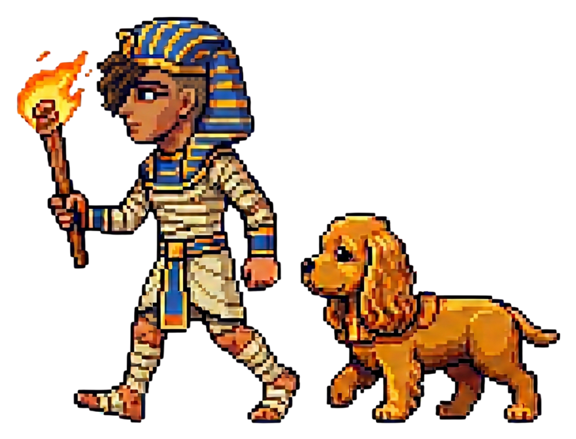 Pixel-art pharaoh holding a torch, walking with a spaniel